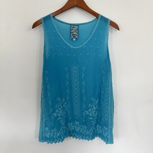 Johnny Was Laurel Eisley Tank Turquoise Embroidered Sleeveless Cupra Top Small